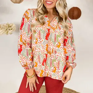 Orange Printed Split V Neck Puff Sleeve Blouse