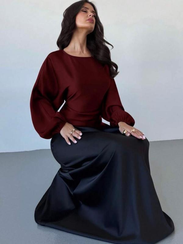 Elegant Satin Lantern Sleeve Top Blouse, Back Tie Waist Design, Round Neck, Perfect for Commuting and Dates, High-End Style Elegant Satin Lantern Sleeve Top Blouse, Back Tie Waist Design, Round Neck, Perfect for Commuting and Dates, High-End Style