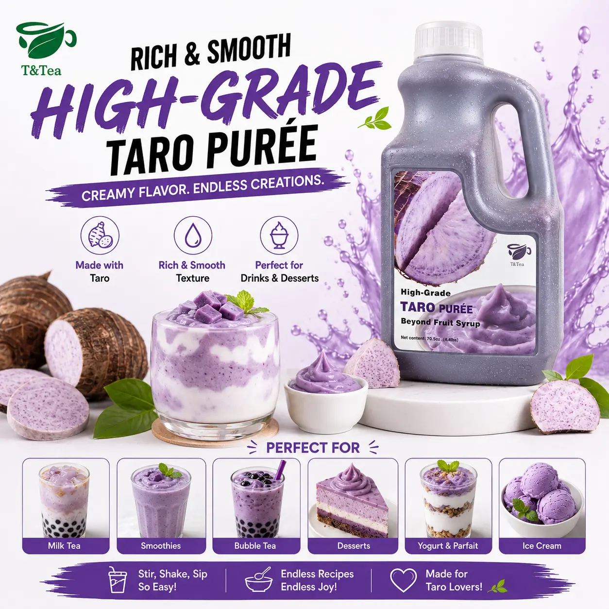T&Tea High-Grade Taro Purée  70.5 oz (4.4 lb ) | Taro Milk Tea & Boba Drink Base | Made with Taro | For Lattes, Smoothies, Shaved Ice & Desserts