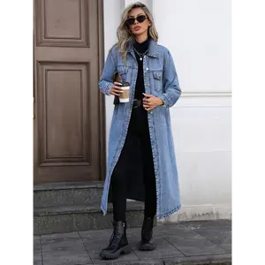 denim jacket season Women's Elegant Light Blue Old Denim Jacket - Structured Oversized Long Jacket With White Piping, Machine Washable Four-season Trench Coat, Suitable For Casual And Formal Outfits, Light Blue Tones (spring/Autumn) - Multi