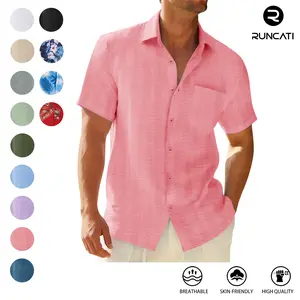 Runcati Mens Button Down Shirts Casual Short Sleeve Shirt Textured Summer Beach Tops with Pocket