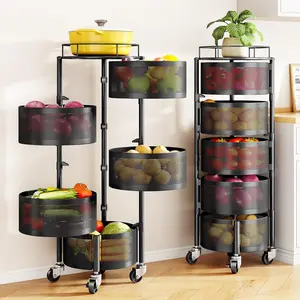 Fruit and Vegetable Basket Bowls for Kitchen with Metal Top Lid, 5 Tier Rotating Storage Rack Cart for Potato Onion Bread Banana, Wire Basket Organizer on Wheels, Large