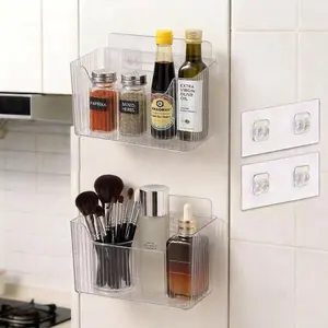 2 Pack Self Adhesive Cabinet Door Organizer Transparent Stackable Wall Mounted Organizer Boxes Storage Holder Basket for Kitchen Bathroom Pantry Organization and Countertops