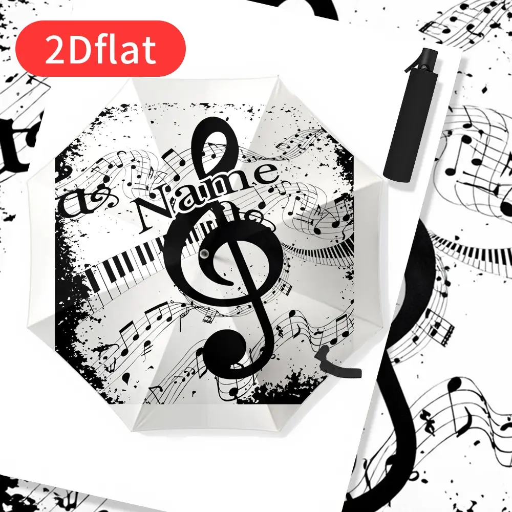 Personalized Note and Piano Key Design Auto-Open Umbrella – Heavy-Duty 8-Rib Windproof Folding Umbrella with Custom Name/Text/Logo, Durable Travel Umbrella for Musicians and Commuters, Portable Compact Umbrella for