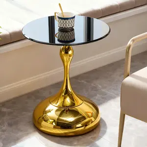 Luxury Round End Table with Gold Metal Base Small Black Glass Top Side Table for Living Room Circle Coffee Tables for Tea and Drink Little Martini Table Glass for Living Room Tables Balcony Couch Office Cute Gold Accents