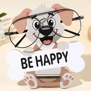Wooden animal eyeglass frame Holder | Cute little dog "Be Happy" design, perfect for desktop home and office decoration Ornament, perfect birthday party or holiday gift, fun design, decorative eyeglass accessories, Glasses Holder