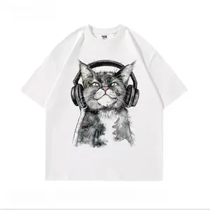 Summer T-shirt - Vintage Headphone Cat Pattern T-shirt, suitable for pet lovers, men's T-shirt - Old school style T-shirt gift, unisex