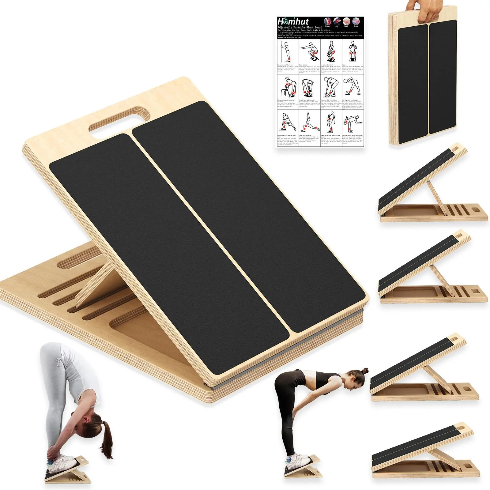 Homhut Wooden Calf Stretcher Slant Board Adjustable Incline Physical Therapy Equipment for Squats Pilates Ankle Heel Feet Leg Stretching Home Fitness