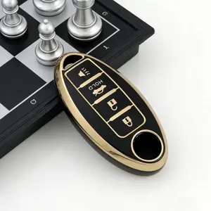 Classic Fashion Car Key Case Key Fob Protector Four-Button Gold Trim TPU Material Scratch-Resistant & Durable Protect Your Keys Everywhere Car Key Accessories Compatible with: X-Trail, Qashqai, Teana, Sylphy, Bluebird, Tiida Holiday Gift for Men & Women