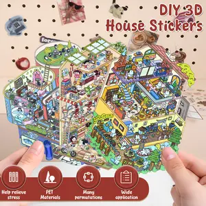 4 Sets 3D Sticker Scene PET Fun DIY Stickers Scene Make Your Own Warm Home No Cutting DIY 3D House Decals for Diary Decor