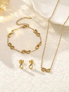 Gold Tone Infinity Loop Jewelry Set, 3Pcs Sparkling Star Charm Necklace Bracelet Earring Combo, Elegant Daily Wear Accessory