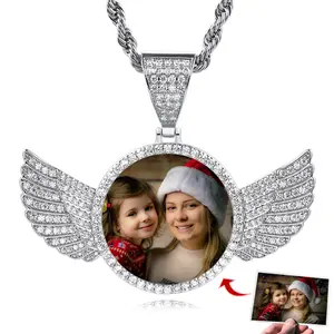 【Memory Gift】Personalized Photo Circle Chain for Men and Women Angel Wings Customized Photo Memory Necklace, Hip Hop for Jhon Pork