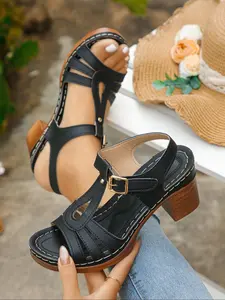 Women's Fashionable Solid Color Ankle Strap Sandals, Elegant Retro Sandals for Summer, Lightweight Breathable Comfortable Shoes for Daily Wear, Girl, Classy Sandals