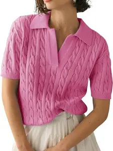 Imily Bela Women's Loose-Fitting Cable Short-Sleeve Sweater Top, Chic Cute Style Soft Knitwear, Solid Lapel V-Neck Casual Pullover for Summer Womenswear Outfits