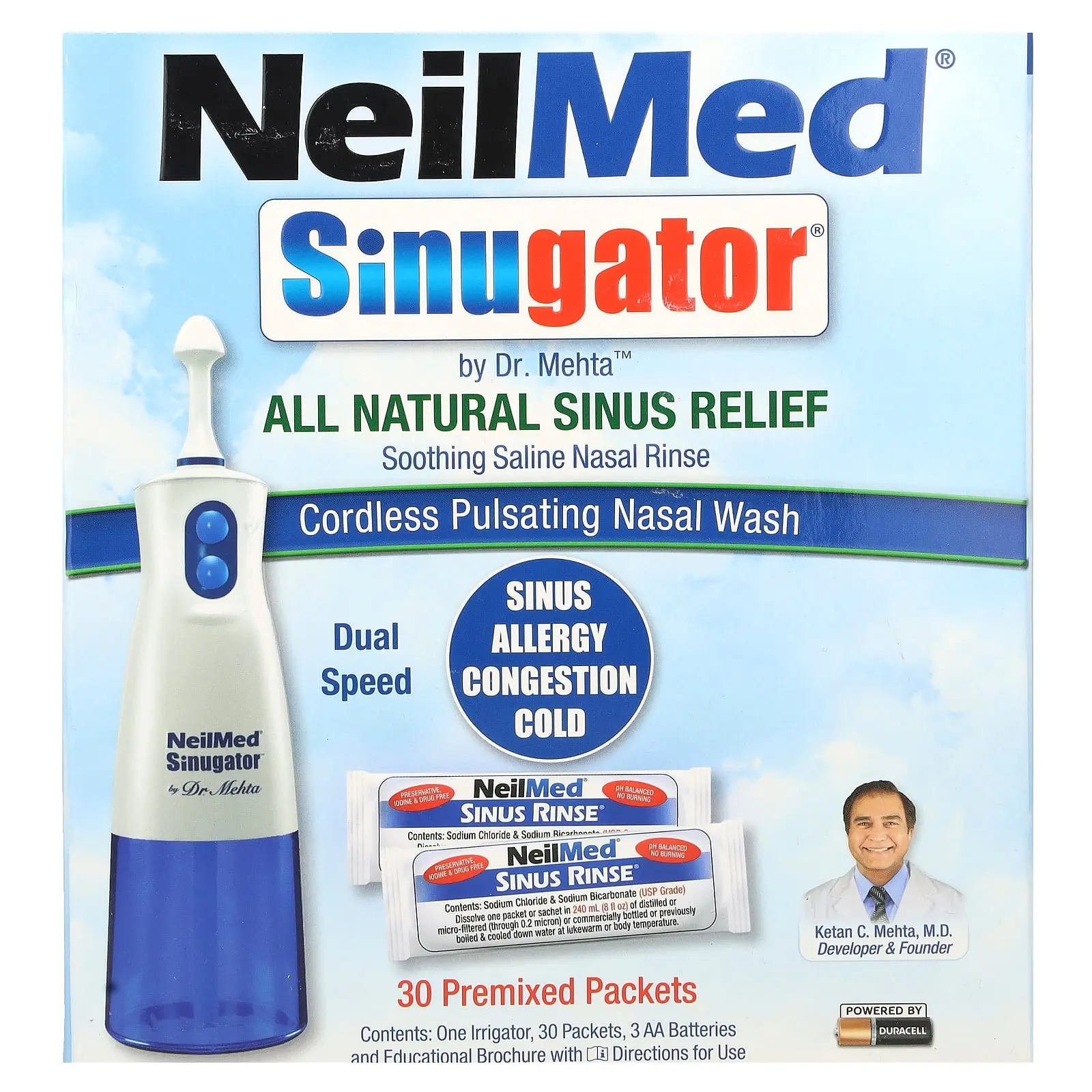 NeilMed Sinugator®, Cordless Pulsating Nasal Wash, 3 Piece Set | HSA/FSA Eligible