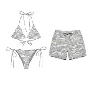 Grey Camo Eco String Swimwear Set for Couples -Swim Bra & Tie Bikini Set, Couple Trendy Camo Biniki And Short