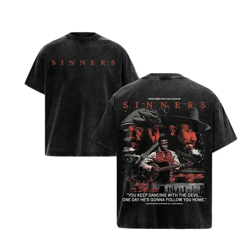 Sinners Movie Acid Wash 2 Sided Cotton T-Shirt, Unisex Neck Graphic Washtee, Horror Movie Menswear Streetwear 90s Graphic Tees