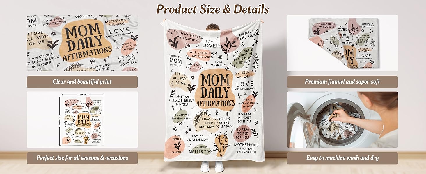 New Mom Gift Blanket — "Mom's Daily Affirmations" Theme: An essential and thoughtful gift designed specifically for first-time moms, expectant mothers, and new moms—perfect for pregnancy and the postpartum period. It also makes a heartwarming present for