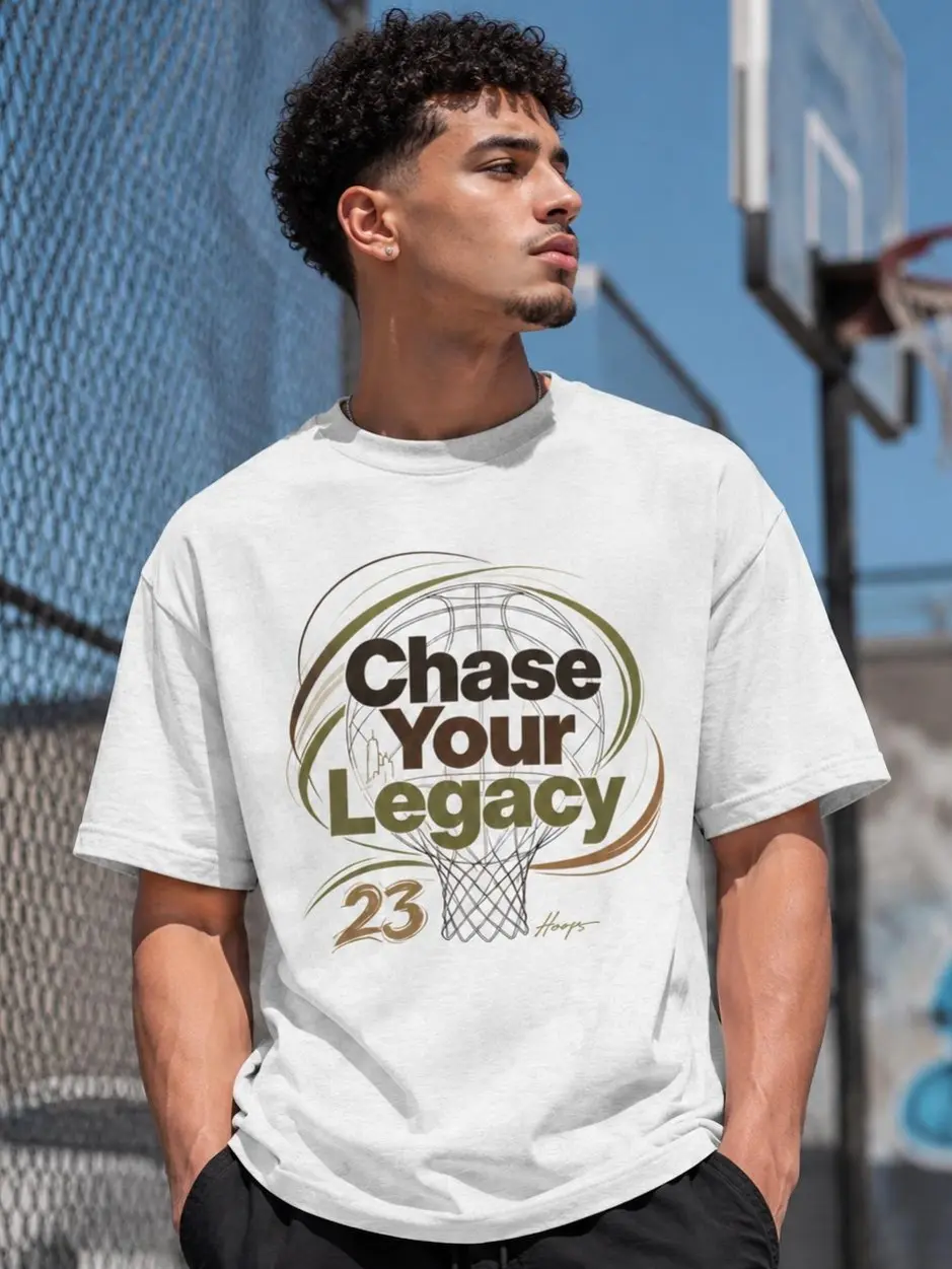 Men's Oversized White Short-Sleeve Round Neck Basketball Graphic T-Shirt - Menswear Clothes with Chase Your Legacy Hoop Print, Casual Streetwear Top, Classic