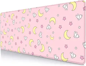Pink Kawaii Desk Pad, Cute Moon Bunny Desk Mat Computer Pad Desktop,Laptop Protector Aesthetic Anime Mousepad Writing Pad for Office Home School,Large Gaming Mouse Pad Tarot Mat,31.5 X 11.8