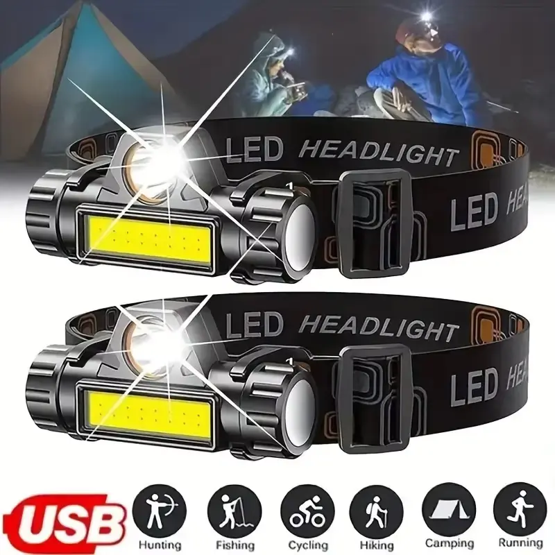 Rechargeable COB LED Headlamp, 2500lm High Lumen Flashlight, Waterproof USB-Charged Working Light with Built-in 14450 Battery