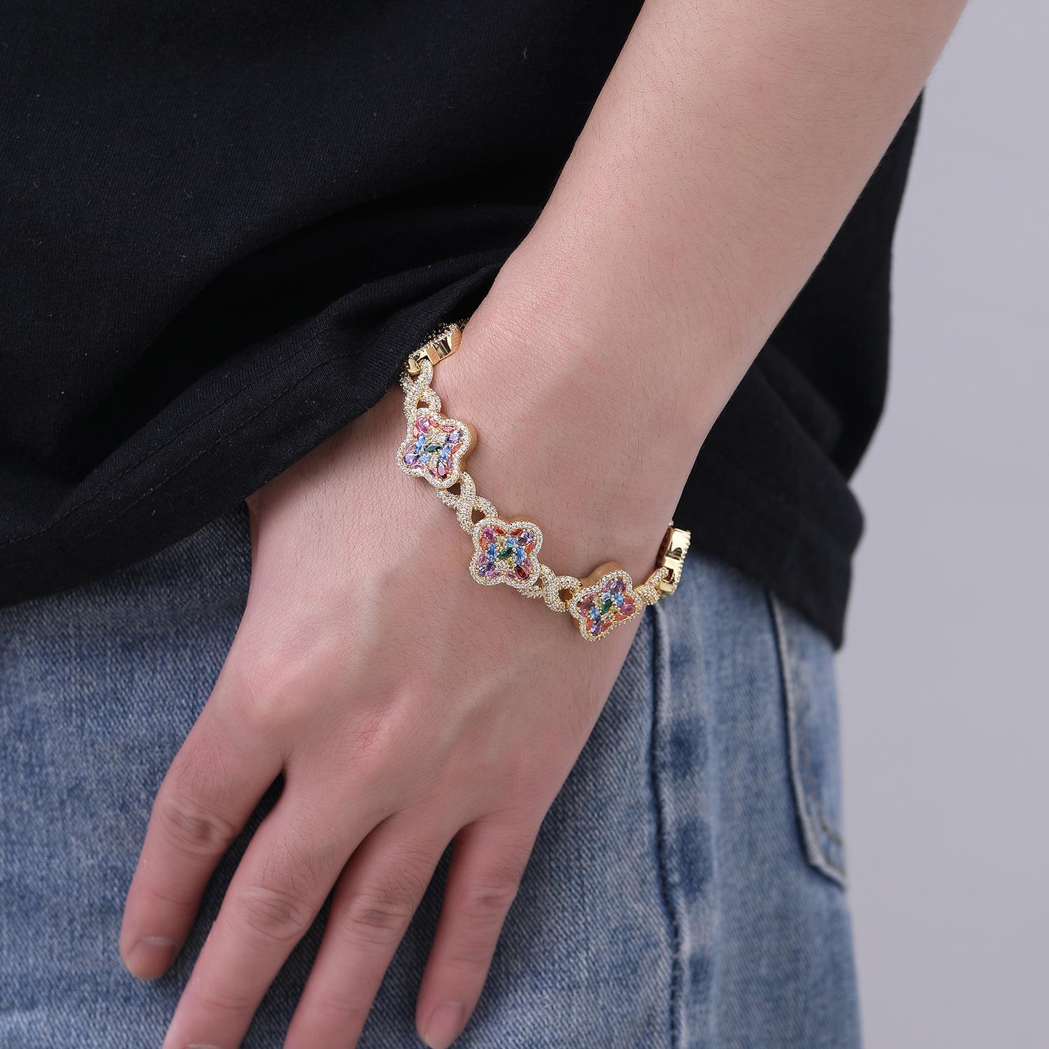 QUEENDO Elegant Classic 4-Leaf Clover Star Bracelet - Copper Base, Multi-Size, Multi-Color Pave Metallic Rhinestones, Unisex Daily Wear Jewelry for Women, Birthday Valentine’s Day Gifts, 4-Leaf Clover Bracelets & Bangles, Plants, Four Leaf Clover Bracelet