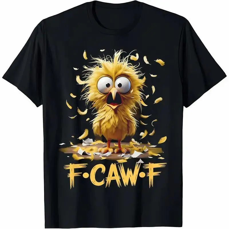 Cartoon Humor T-Shirt F caw F, Cotton Unisex Funny Surprised Yellow Bird with Flying Feathers Graphic Tee, Halloween Ghost Pumpkin Graphic T-shirt, Slightly Cropped Shirt Men, F·CAW·F Chicken-Inspired T-Shirt Casual Print