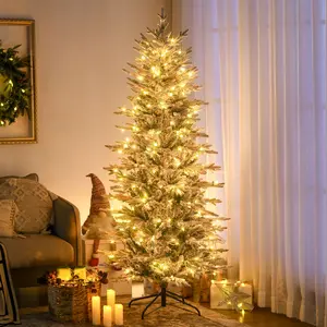 6' Pre-Lit Artificial Flocked Christmas Tree, Snow Branches, Warm Yellow Clear Lights, Auto-Open Function, Extra Replacement Bulb