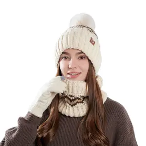 puff  ball Adorable Earmuffs 3-Piece Winter Set for Women - Thermal Plush Beanie, Neck Warmer & Gloves, Complete Ear & Hand Protection for Extreme Cold
