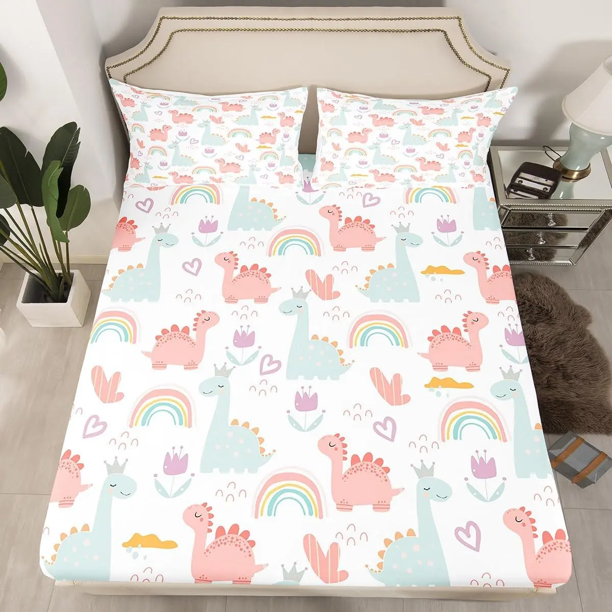 Feelyou Luxury Microfiber Fitted Sheet Set - Colorful, Cartoonish, Graphic, Pink/Green Jungle Theme, Cute Dino Design, Twin/Queen Sizes, Colorful Fitted Sheets, Cartoonish Fitted Sheets