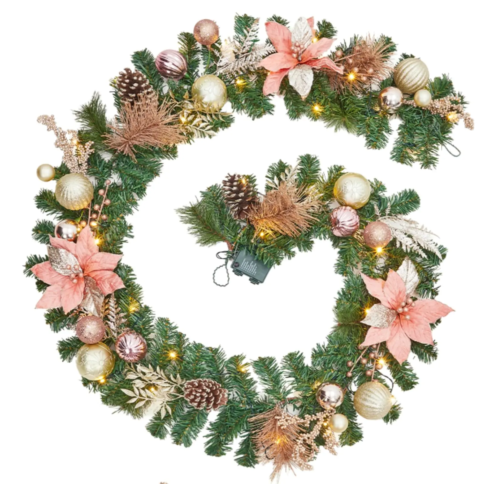 9 Feet Pre-Lit Christmas Garland with Lights, Battery Operated Lighted Outdoor Xmas Garland with Rose Gold Ball Ornaments for Mantle Stairs Railing