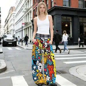 Women's Abstract Graffiti Print Fake Two-Piece Wide Leg Pants with Pockets, Street Art High Waisted Palazzo Trousers, Elastic Waist Summer Lounge Bottoms with Side Pockets