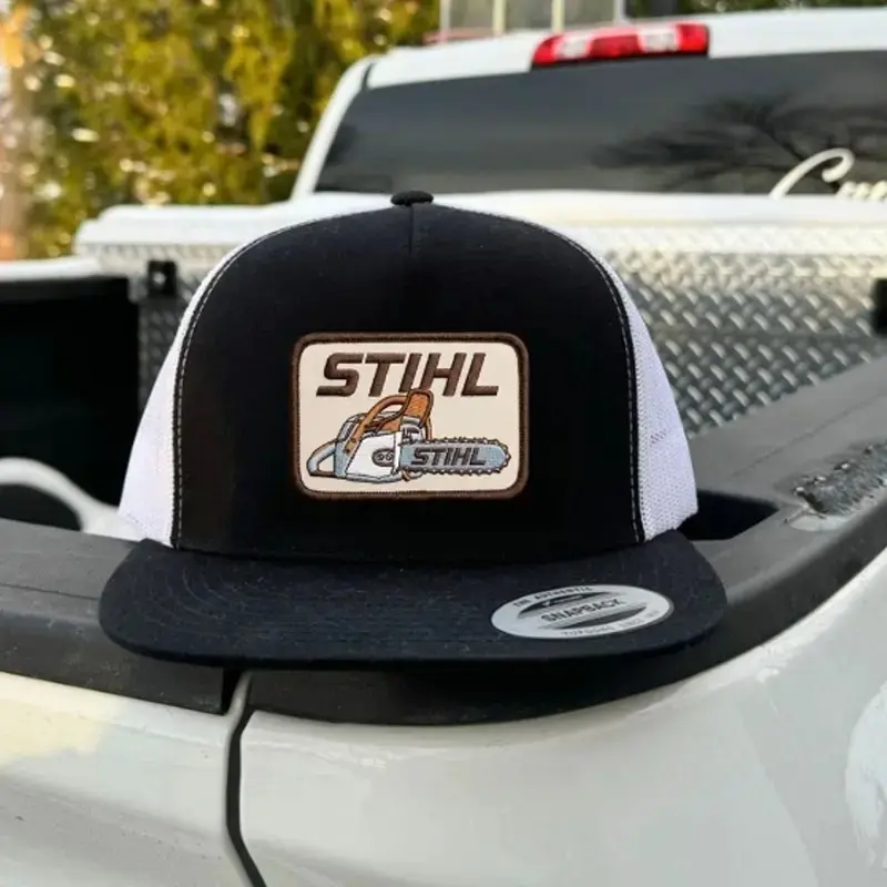 STIHL Chainsaw Trucker Hat | Vintage Leather Patch 7 Panel Mesh Snapback | Flat Bill Logger Work Cap | Gift for Him