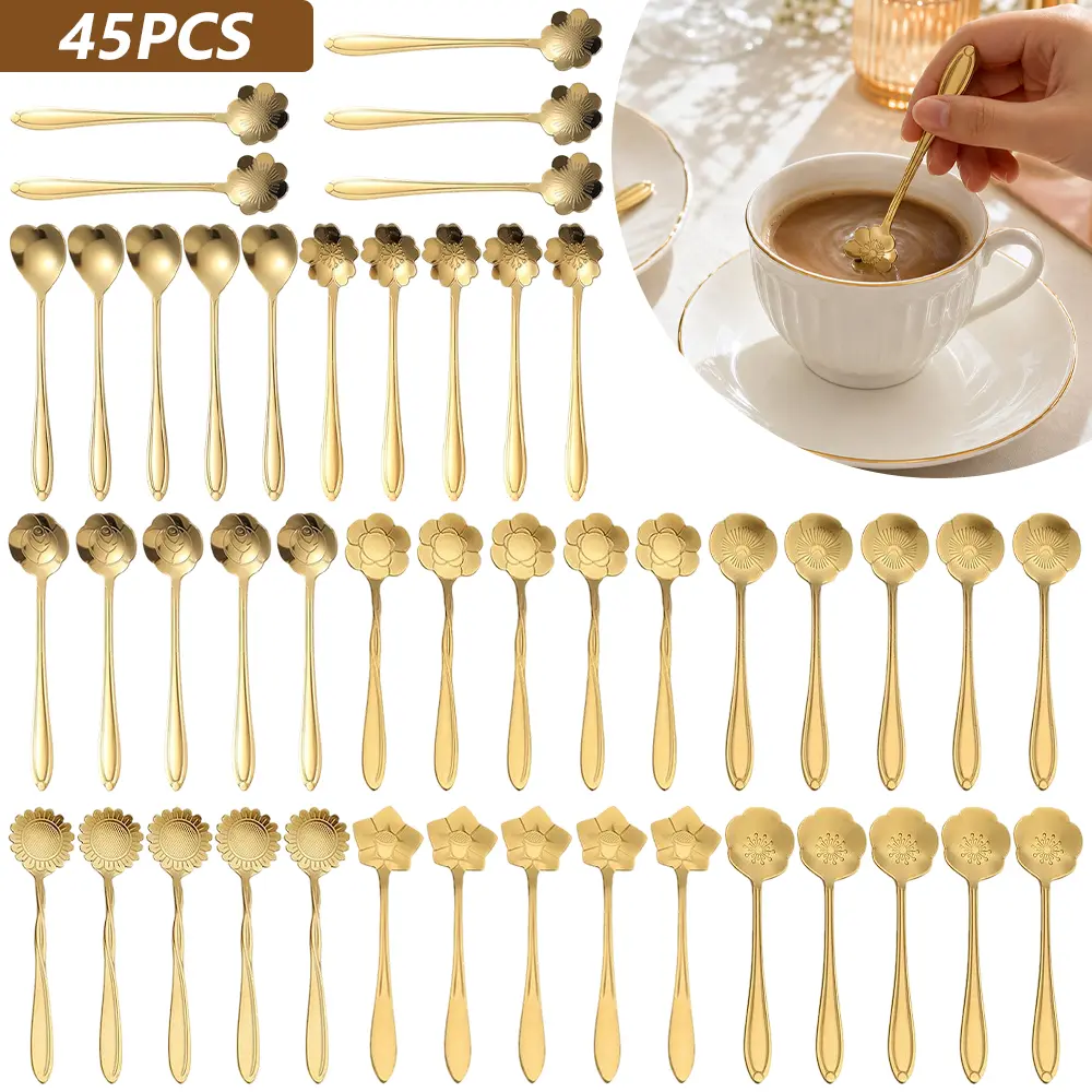 45 Packs Gold Flower Teaspoon Stainless Steel Tea Party Spoons Mini Cute Teaspoon Stirring Coffee Sugar Drink Demitasse Espresso Spoons for Bridal Shower Wedding Party Favors Decorations