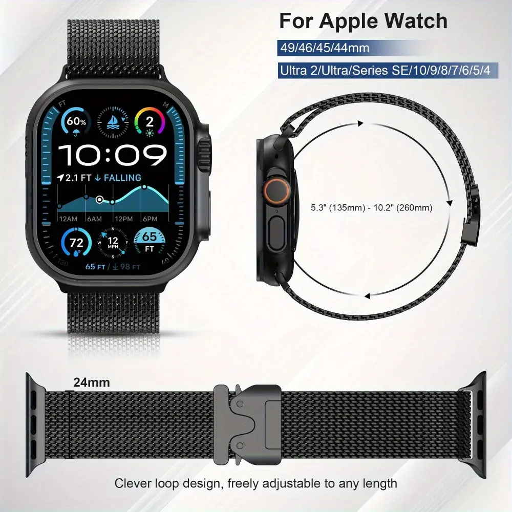 Milanese Metal Buckle Adjustable Band for iWatch Series 1-11/SE/SE2/Ultra/Ultra2  (38-49mm) - Parachute Style, Unisex Design (Watch Not Included) #Summervibes