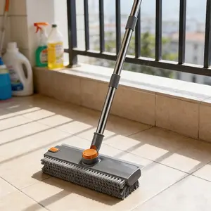 No-Dead-Angle Hard Bristle Floor Brush with Long Handle 3 in 1 Scrape & Heavy-Duty Stiff Bristle Scrubber for Bathrooms Kitchens Tiles Efficient Cleaning Tool