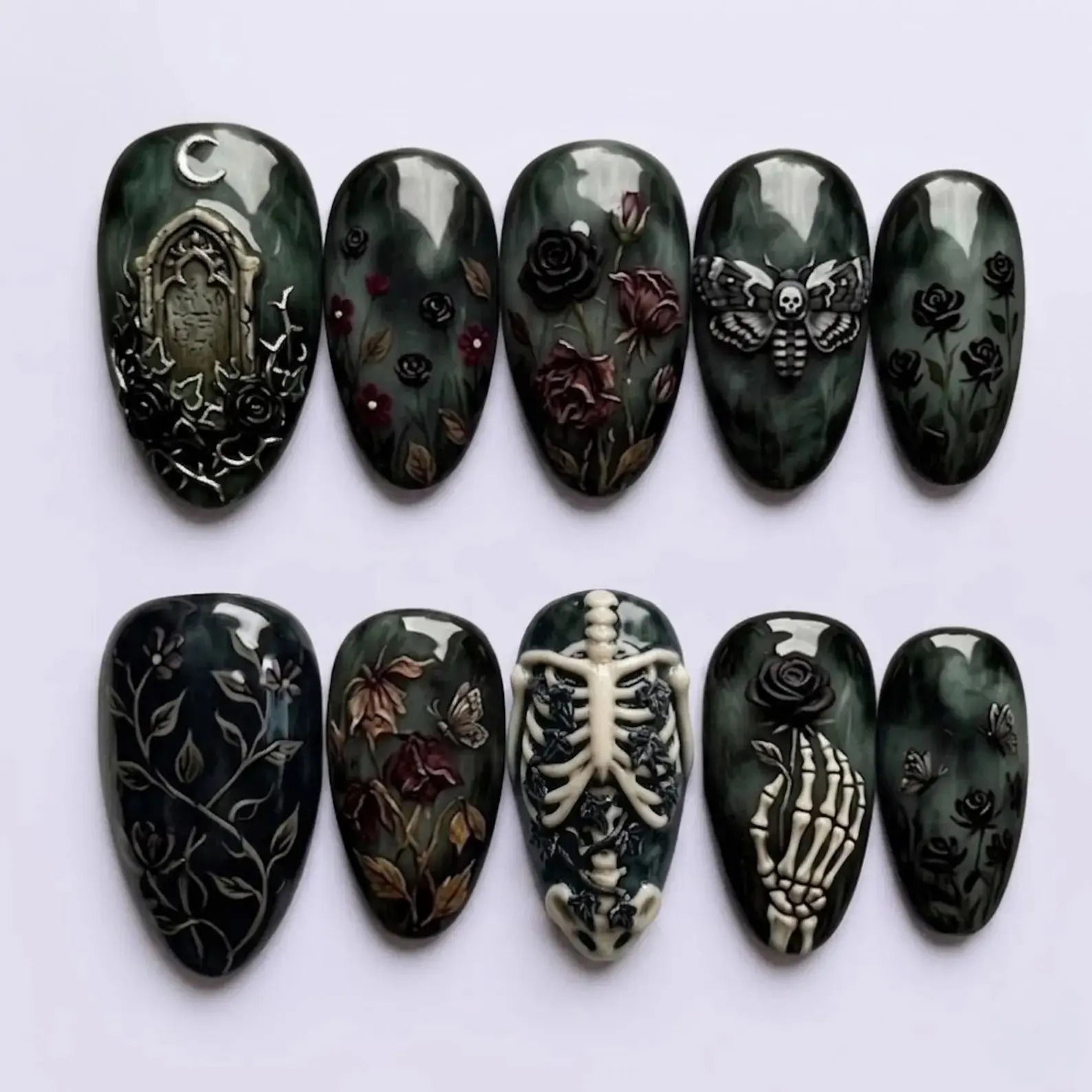 Gothic Skeleton Rose Press on Nails | Dark Smoke Witchy Fake Nails | 3D Moth Tombstone Oval Glue on Nails Handmade Luxury