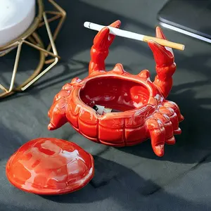 Cute Ceramic Crab Ashtray with Lid - Windproof Ash Tray for Indoor & Outdoor Patio Porch - Creative Desk Ornament for Office & Home Decor - Unique Adorable Birthday & Christmas Gift Idea for Smokers, Men & Women