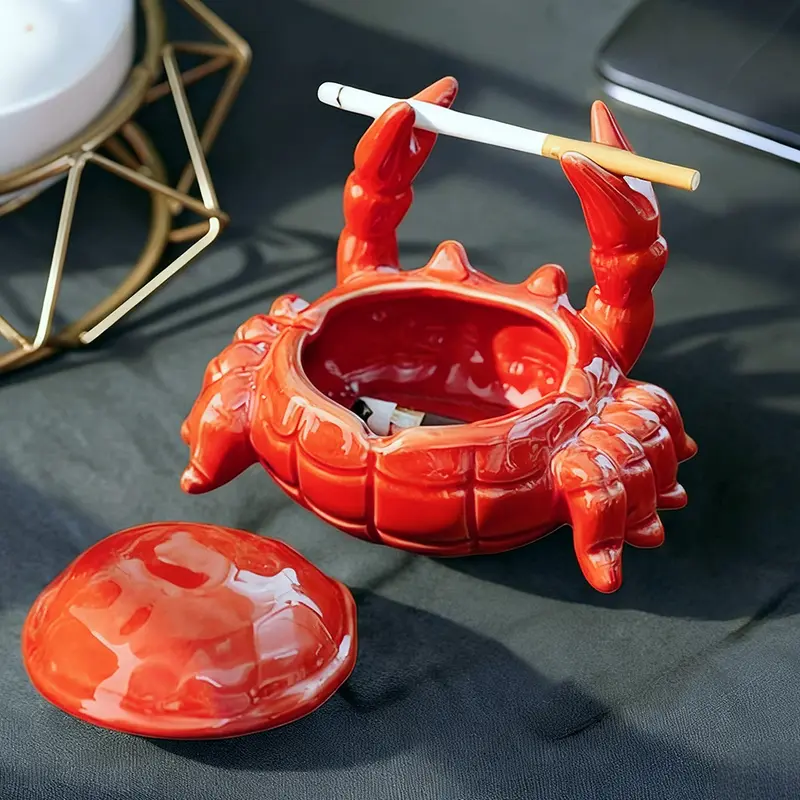 Cute Ceramic Crab Ashtray with Lid - Windproof Ash Tray for Indoor & Outdoor Patio Porch - Creative Desk Ornament for Office & Home Decor - Unique Adorable Birthday & Christmas Gift Idea for Smokers, Men & Women