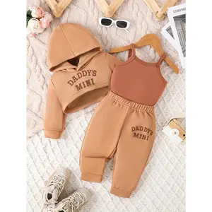 3pcs Baby's Trendy "Daddy's Mini" Print Cropped Hoodie + Cami Top + Casual Pants, Toddler & Infant Girl's Clothing Outdoor Set for Fall Winter, Outdoor Cloth, Perfect for Outdoor