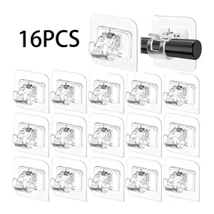 16 Pack Self Adhesive Curtain Rod Holder, No Drill Curtain Rod Brackets, Nail Free Adjustable Curtain Rod Hooks, Curtain Rods No Drilling for Windows Home Kitchen Bedroom Hotel (Transparent)