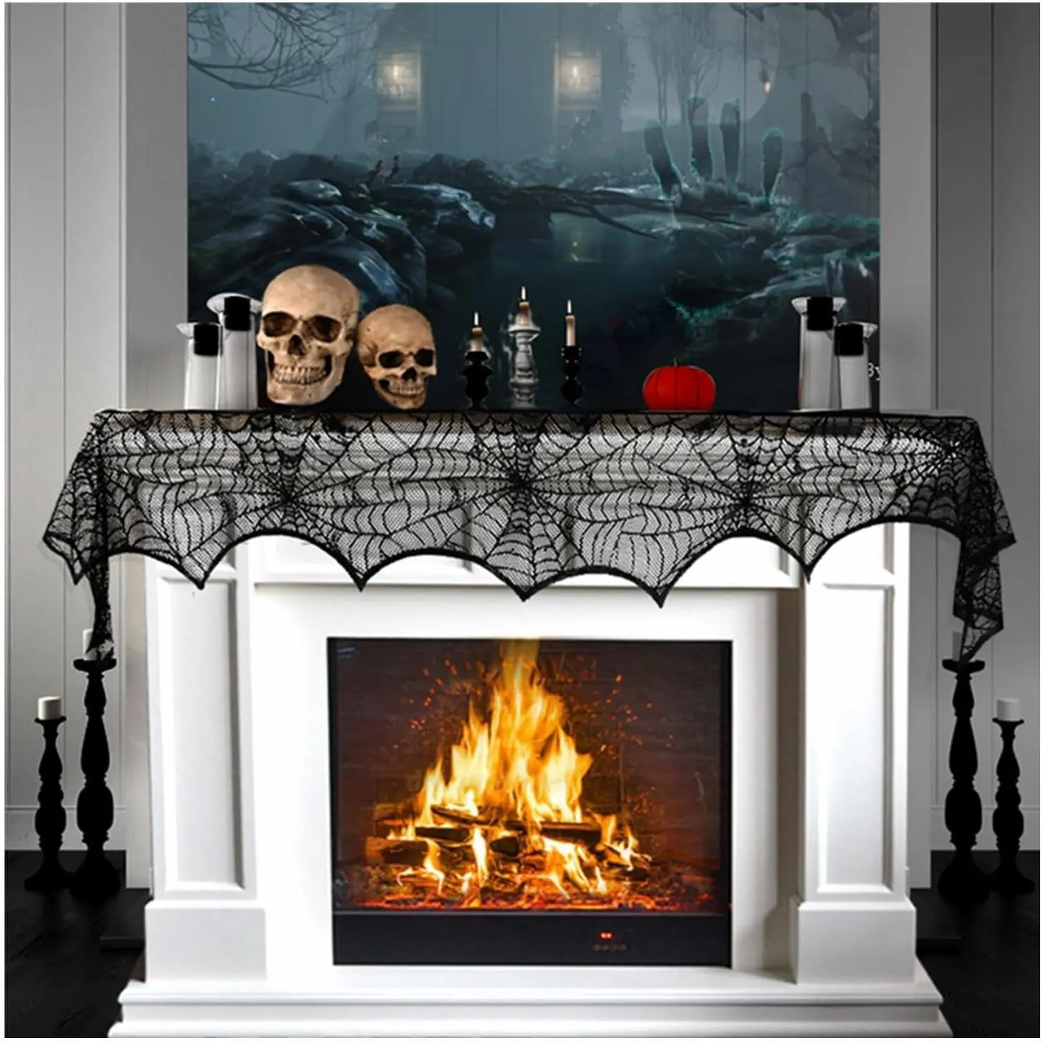 Halloween Cobweb Fireplace Scarf, Black Lace Spiderweb Mantle Scarf for Halloween Home Party Supplies, 18 x 96 inch