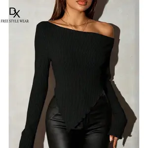 Rib-Knit Grunge Asymmetrical Neck Tee for Women - Fall Fashion Pick Sundays Coachella Outfit Knitwear Womenswear Tops Knitting