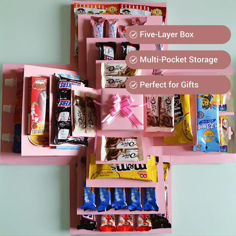 Five-Layer Surprise Explosion Gift Box with Ribbon, Multi-Pocket Snack & Candy Storage, Perfect for Birthdays, Holidays, Vacations, Asian Snack Box