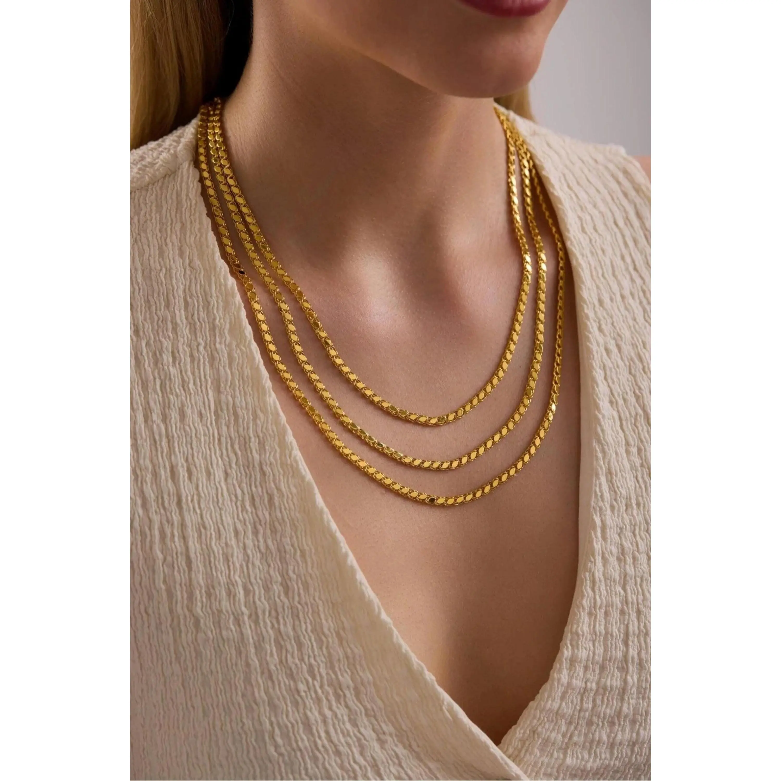 14K Gold 3mm Mirror Chain Necklace, Shiny Flat Gold Chain