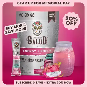Salud 2-in-1 [Energy + Focus – Pitaya | Dragon Fruit] Clean Energy Drink Mix, Agua Fresca, Organic Caffeine (200mg), L-Theanine (350mg), L-Tyrosine, Vegan, Non-GMO, Gluten Free, Low Calorie, 1g Sugar (15 Servings)