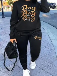 Plus Size Sportswear Two Piece Set, Women's Plus Size Slogan Printed Long Sleeve Crew Neck Sweatshirt And Jogger Sweatpants Two Piece Set