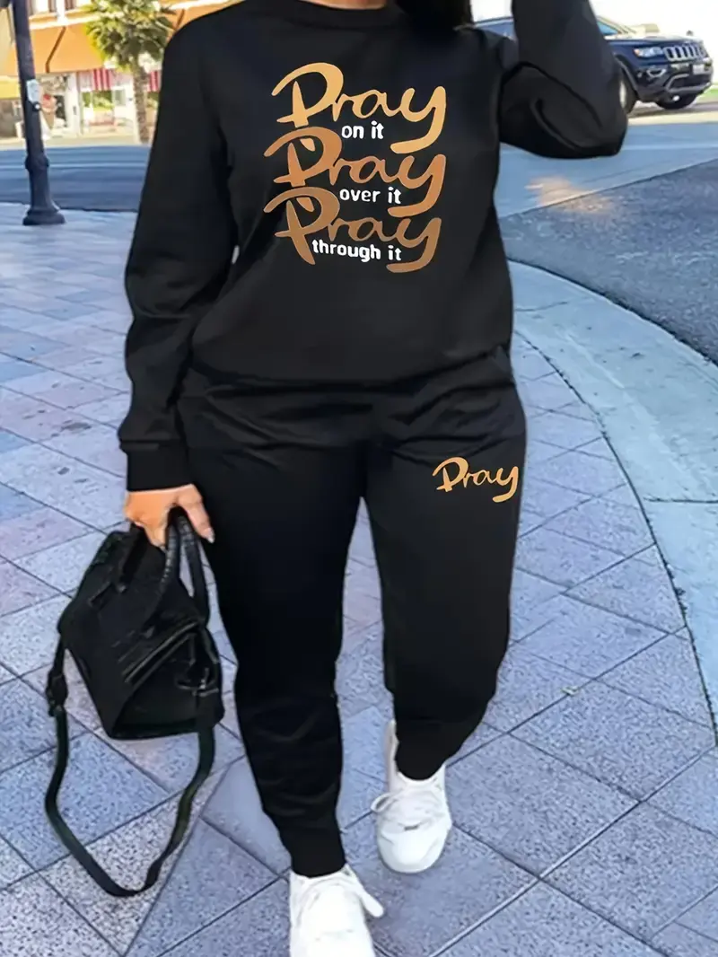 Plus Size Sportswear Two Piece Set, Women's Plus Size Slogan Printed Long Sleeve Crew Neck Sweatshirt And Jogger Sweatpants Two Piece Set