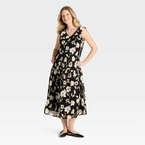 Flutter Short Sleeve Drop Waist Maxi Maternity Dress - Isabel Maternity by Ingrid & Isabel Black/Cream Floral XS