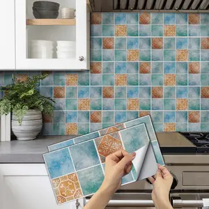 6/12/24/48 PCS Vintage FG Tile Stickers, Mediterranean Vintage Floral Tile, PVC Crystal Film, Peel & Stick Backsplash, Waterproof Oil-Proof DIY Self-Adhesive Wall Decor